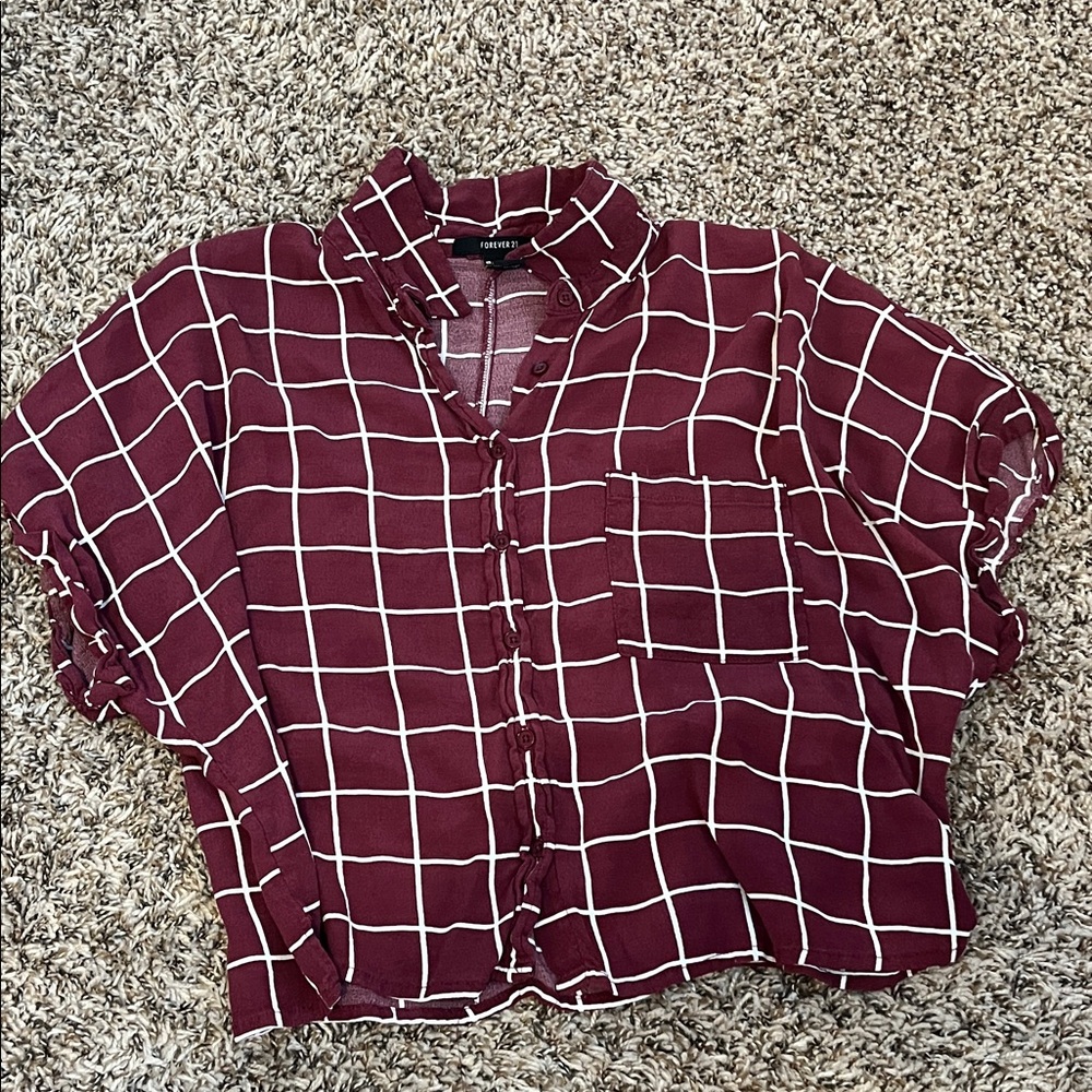 Forever 21 Burgundy Checkered cropped Button-Down Shirt